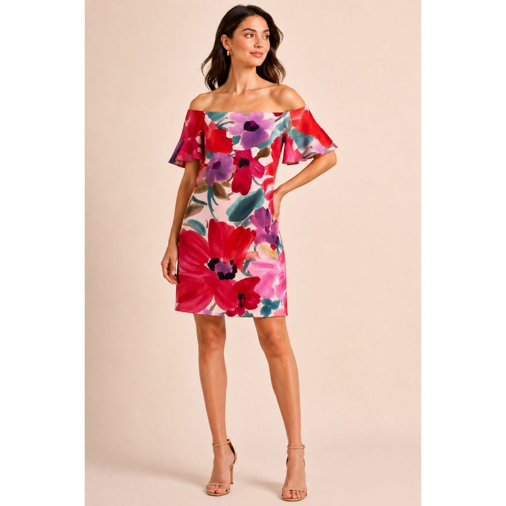 Trina Turk Multicolor Floral Off Shoulder Shift Dress Size 10 Classy Elegant